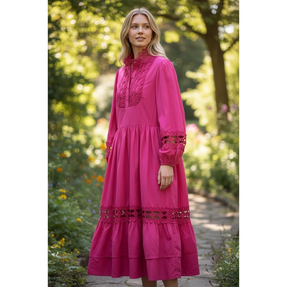 N BY NANCY Pink Eyelet Lace Tiered Midi Dress Puff Sleeve Ruffle Neck‎ M